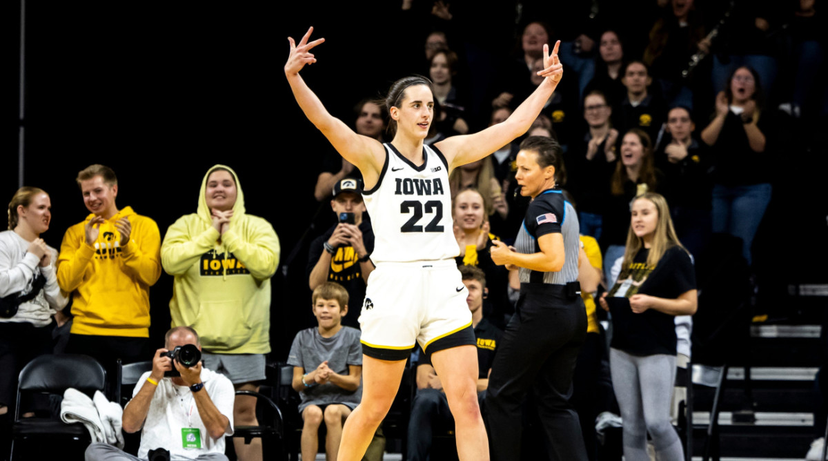 Caitlin Clark celebrates a play for Iowa women’s basketball.